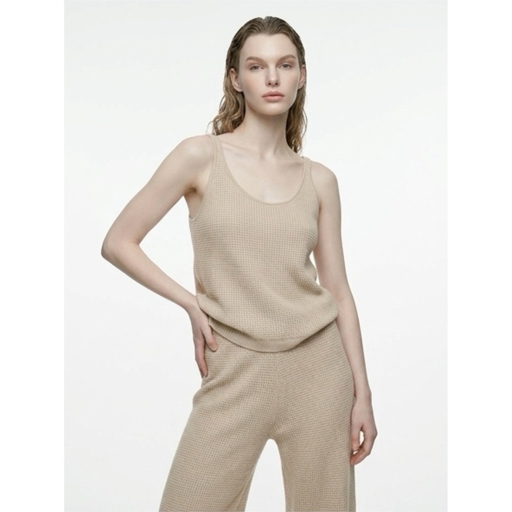 Old Navy Womens Beige Waffle Knit Lounge Set Cami Tank and Wide Leg Pants L Tall
